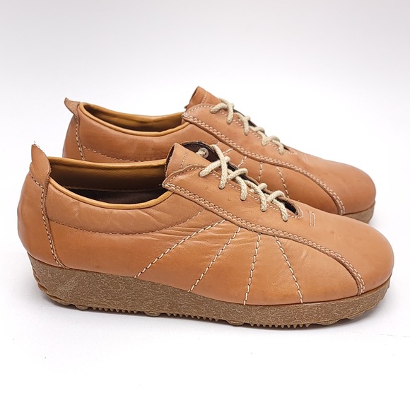Armadillo Casual Tan Leather Platform Shoes Sunburst Stitch Wedge Oxford 7.5